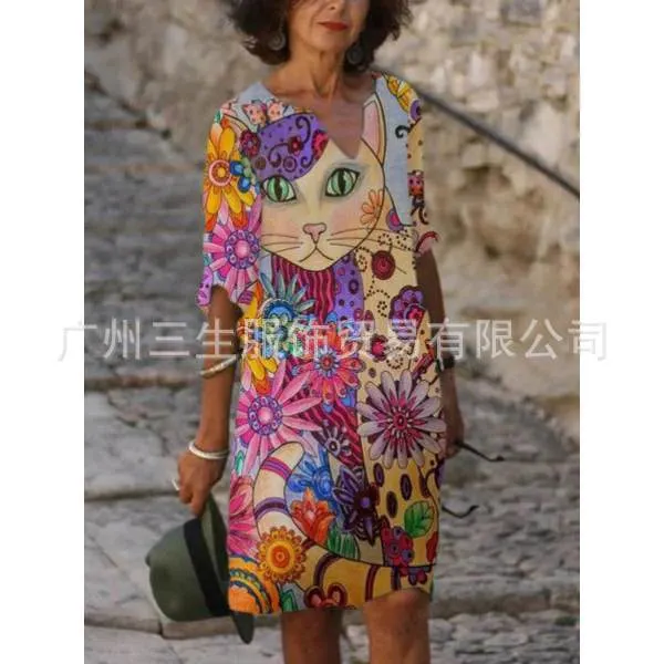 2021 new color matching printed patchwork V-neck loose bamboo retro literary round neck five-point sleeve plus size dress