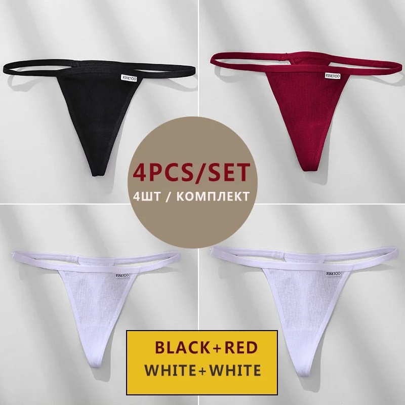 FINETOO 4PCS/Set Cotton Women Panties Woman Thong G-string Underwear Pantys Sexy Low Waist Underpant For Ladies Lingerie Female