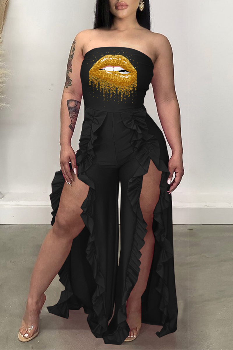 Sexy Print Flounce Strapless Boot Cut Jumpsuits