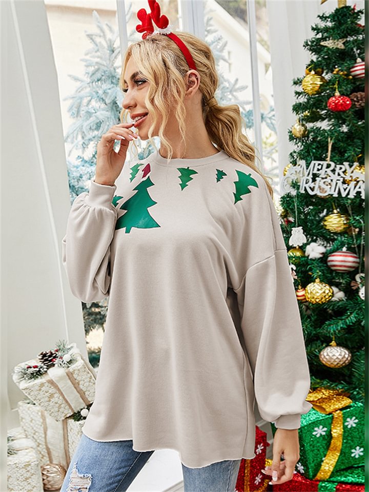Splicing Loose Women's Tops Fashion Christmas Tree Print Long Sleeve Round Neck Sweatshirt -vasmok