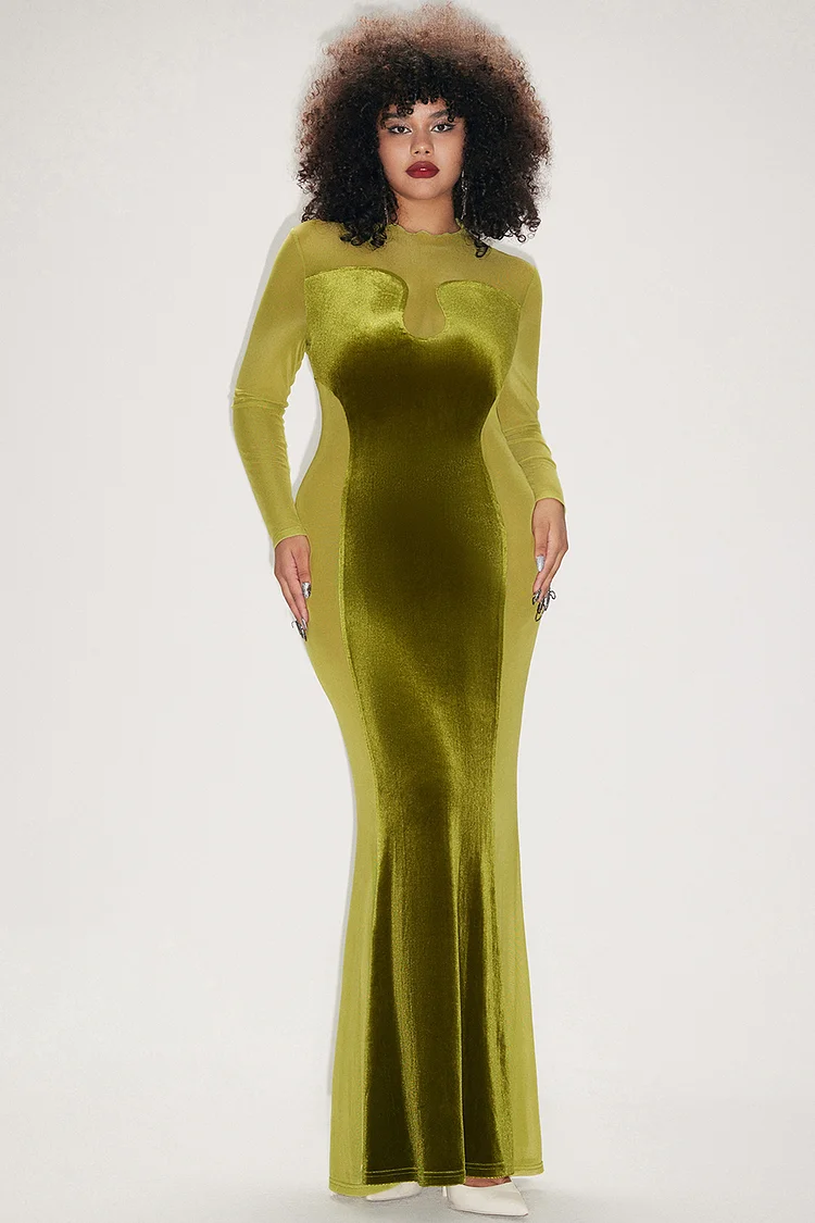 Xpluswear Design Plus Size Formal Dress Green Mesh Spliced Velvet See-Through Maxi Dress [Pre-Order]