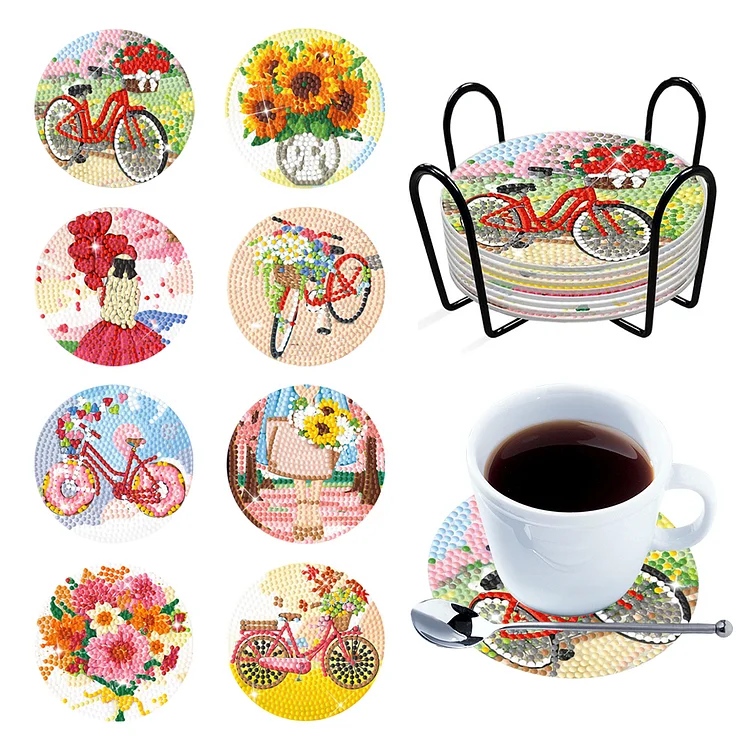 【Coaster】8/10PCS Diamond Painting Art Coaster Kit with Holder Bikes Sunrise Flower Kobold gbfke