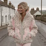 Women's Vintage Flower Embroidery Art Casual Zip Up Hoodie - Image 3