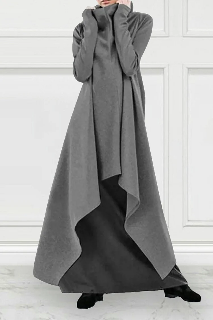 Plus Size Sport Sweatshirt Grey Fall Winter High Collar Irregular Robe Sweatshirt Maxi Dress