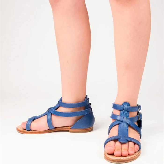 Cobalt Blue Gladiator Sandals Open Toe Flat Shoes |FSJ Shoes