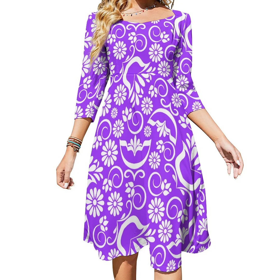 Vintage Purple Floral Insulated Water Bottle Dress Sweetheart Tie Back Flared 3/4 Sleeve Midi Dresses