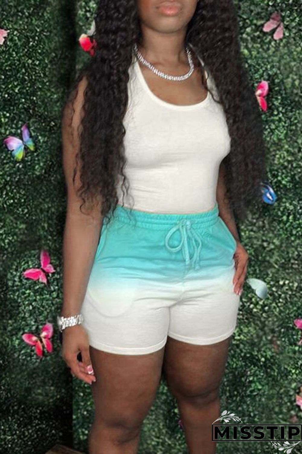 Fluorescent Green Casual Gradual Change Print Patchwork U Neck Sleeveless Two Pieces