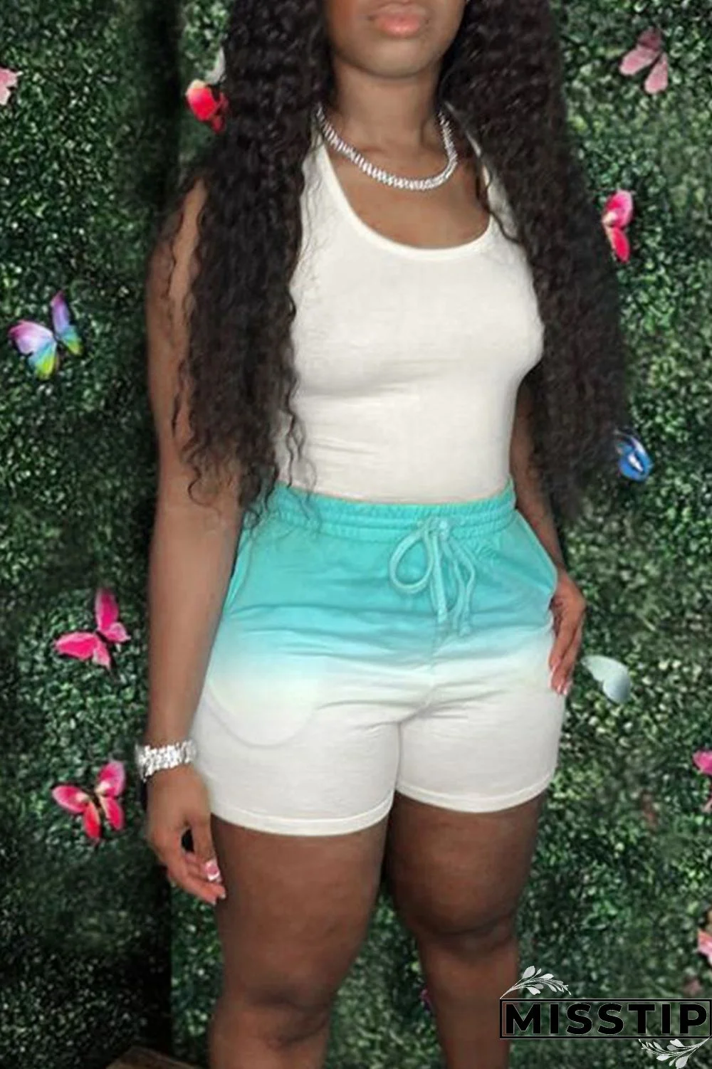 Fluorescent Green Casual Gradual Change Print Patchwork U Neck Sleeveless Two Pieces