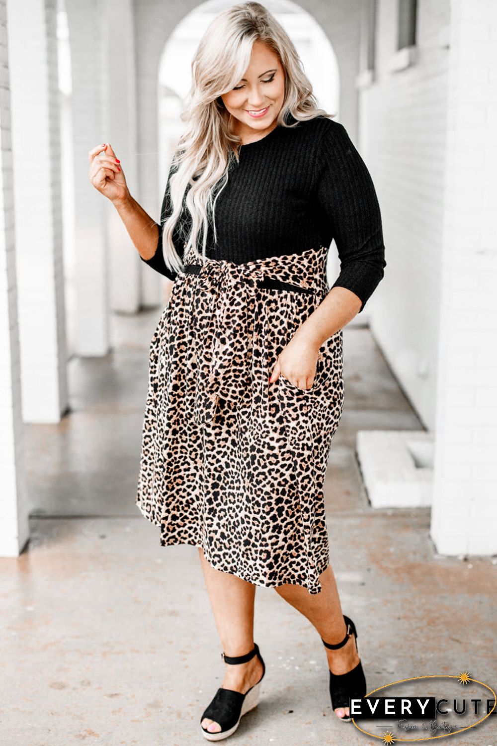 Ribbed Knit Leopard Plus Size Midi Dress