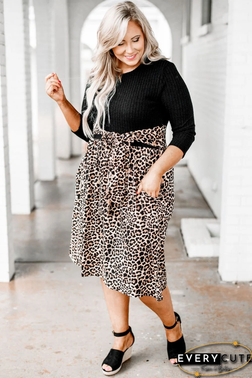 Ribbed Knit Leopard Plus Size Midi Dress