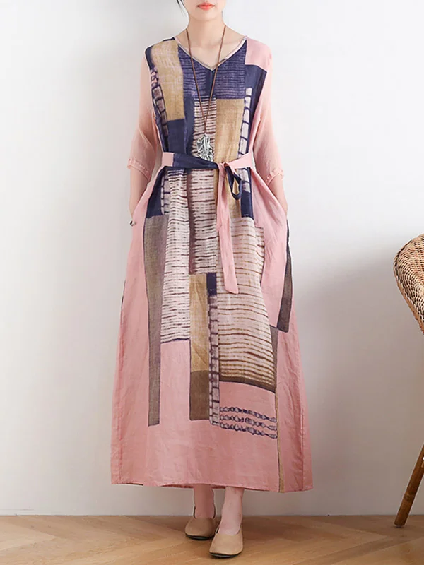 Vintage Split-Joint Color-Block V-Neck Tied Loose Maxi Dress