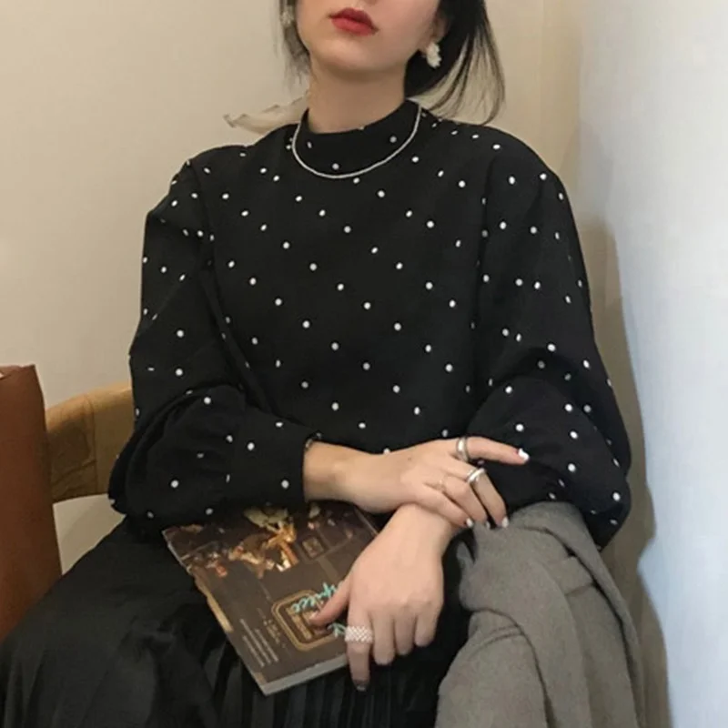 Brownm Brownm Chic French Retro Black And White Wave Half High Collar Loose Bubble Sleeve Bottom Shirt Topess Woman