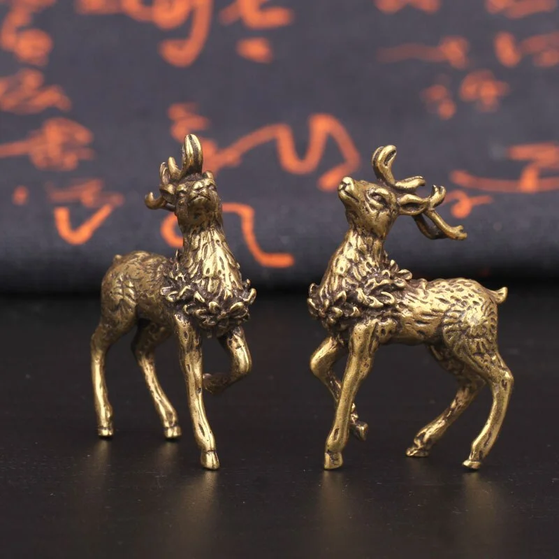 Pure Copper Deer Sculpture Ornaments 1 Pair Solid Brass Sika Deer Miniature Figurines Lucky Feng Shui Crafts Desk Decorations