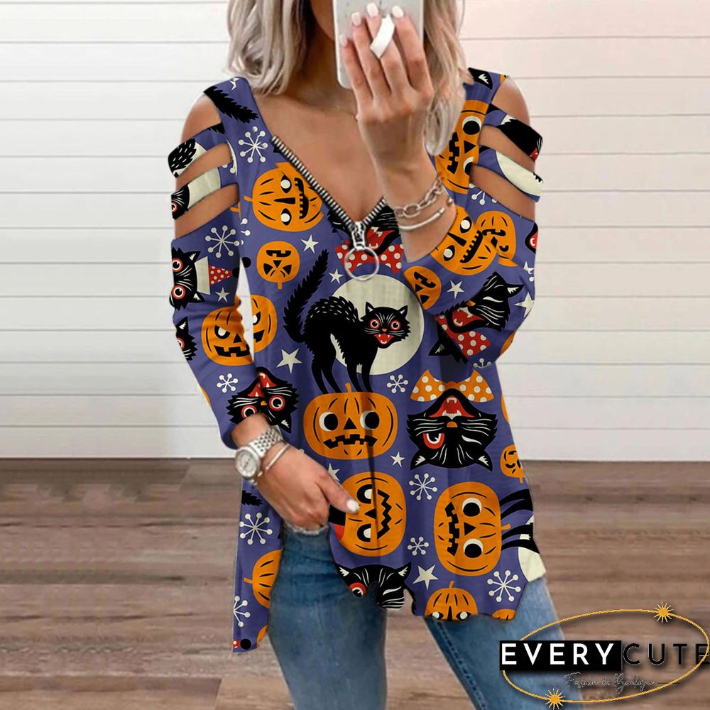 Halloween Print Cold Shoulder Blouse