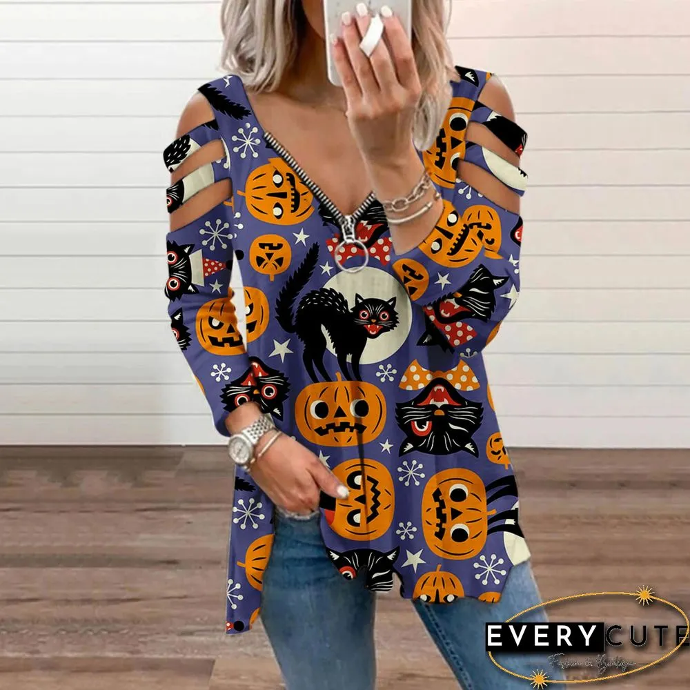 Halloween Print Cold Shoulder Blouse