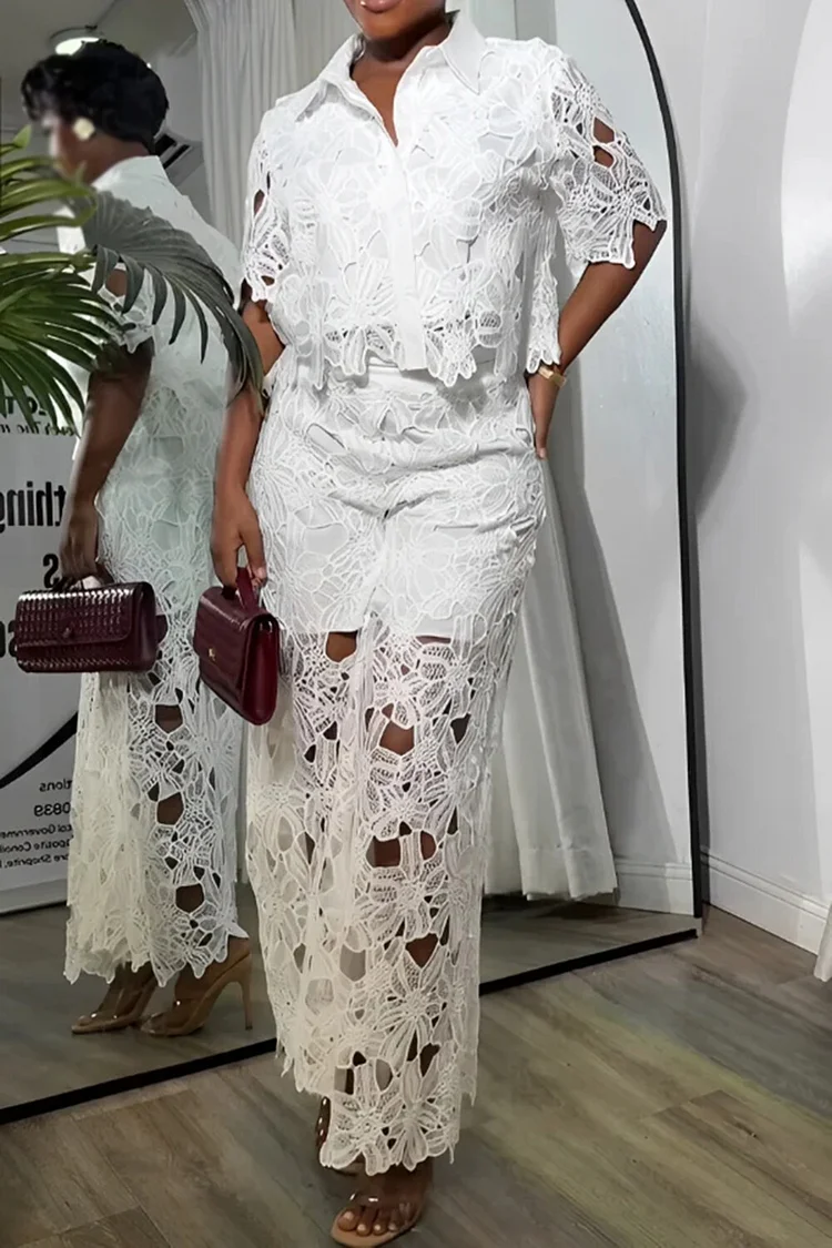 Plus Size Business Casual White Casual Shirt Collar Short Sleeve Pocket Lace Two Piece Pant Sets [Pre-Order] 2024 - Xpluswear