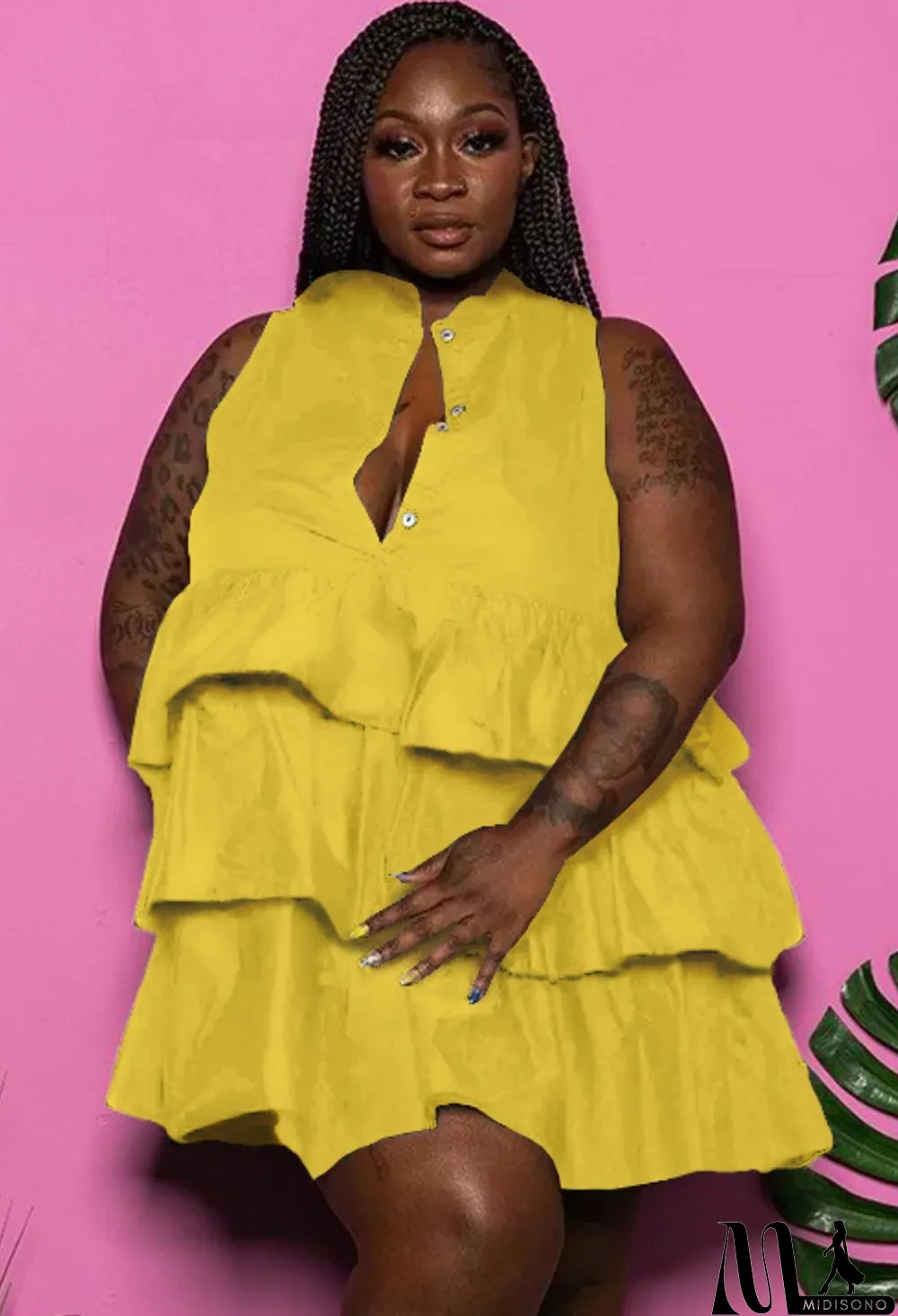 MidiSono - Summer Casual Plus Size Yellow Ruffles Sleeveless Skater Dress