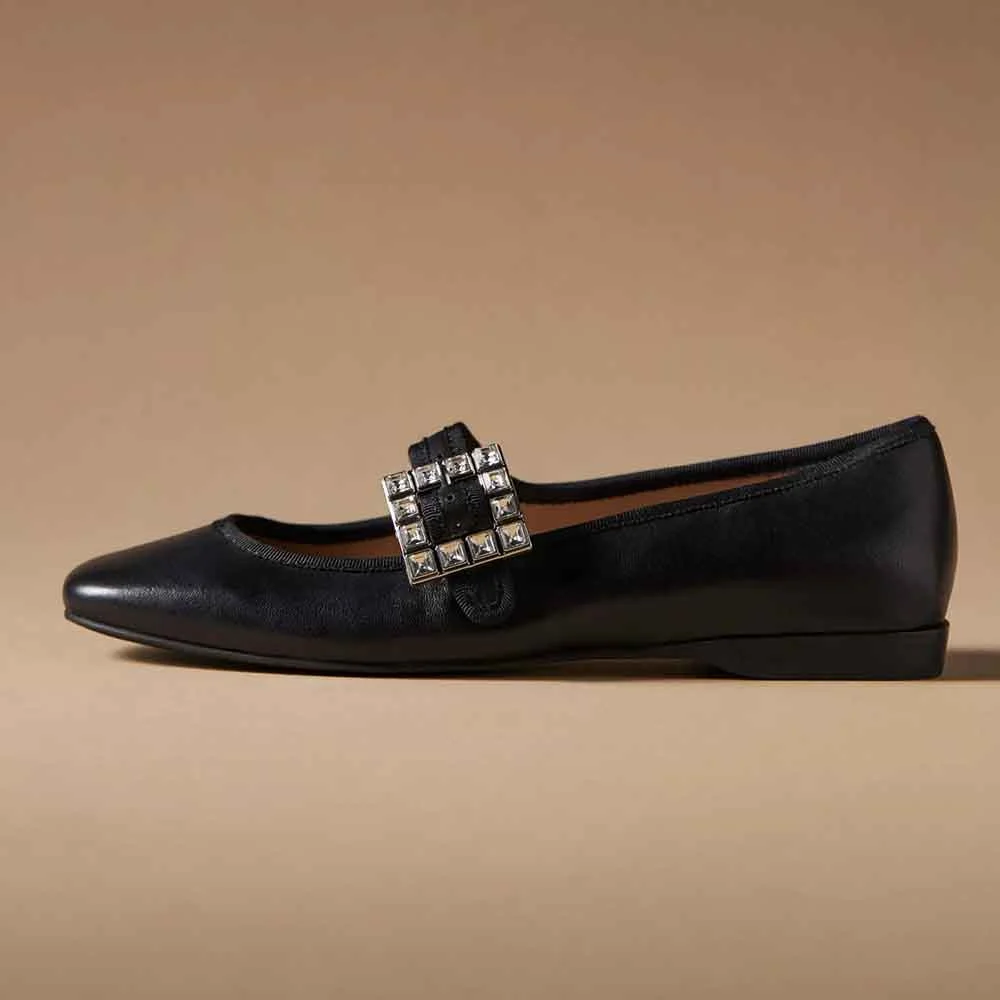 Black Crystal Embellished Square Toe Mary Jane Flats - Slip-On Convenience Nicepairs