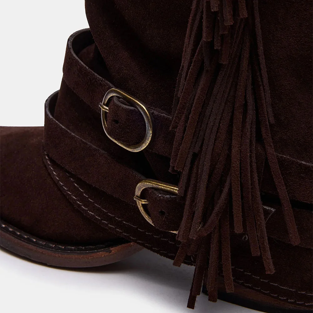 Dark Brown Block Heel Fold Over Buckle Fringe Ankle Boots for Women