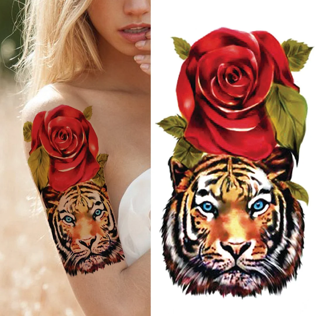 Forest Tiger Temporary Tattoos For Men Women Kids Lion Skull Cross Tattoo Sticker Black Compass Skeleton Tatoos Leg Thigh 1103-1
