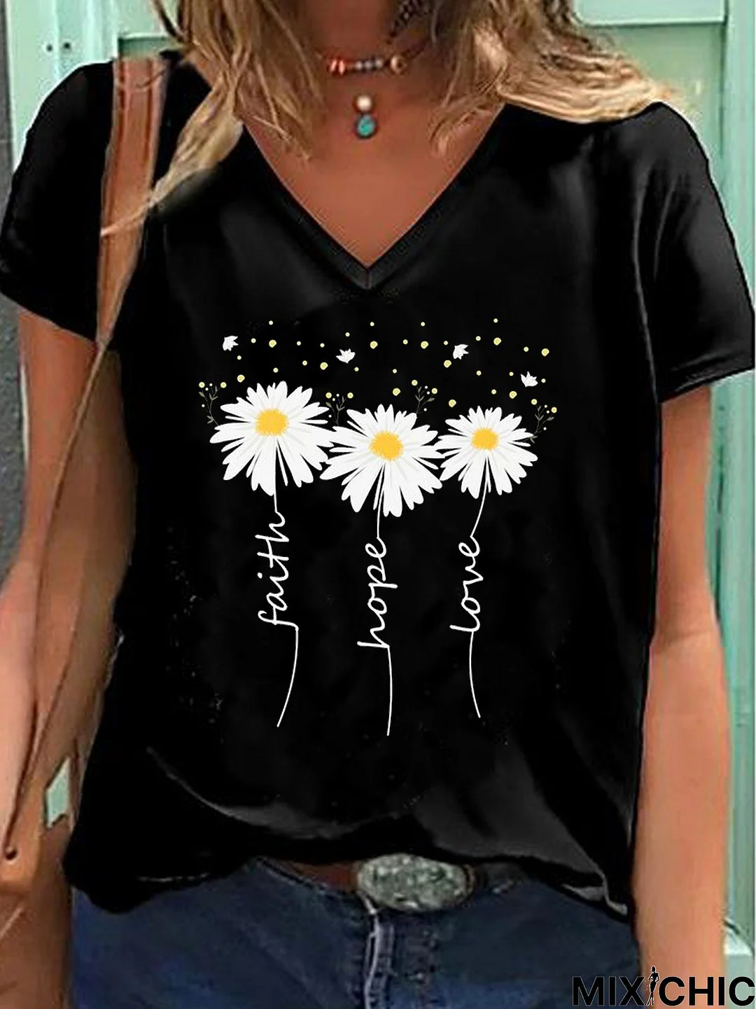 Casual V Neck Floral Jersey T-Shirts