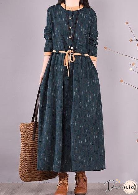 Women Blue Striped Quilting Clothes O Neck Tie Waist Long Spring Dresses