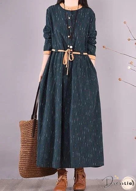 Women Blue Striped Quilting Clothes O Neck Tie Waist Long Spring Dresses