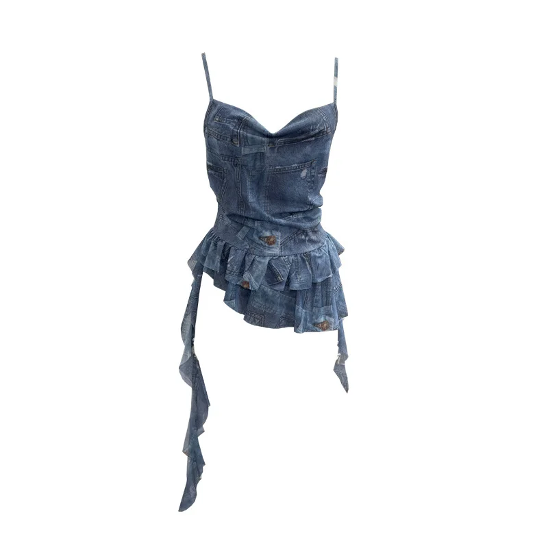 Uveng Real Shoot Spice Girl Swing Network Yarn Print Sling Vest Retivating Lotus Leaf Side Ribbon Short Top 1210