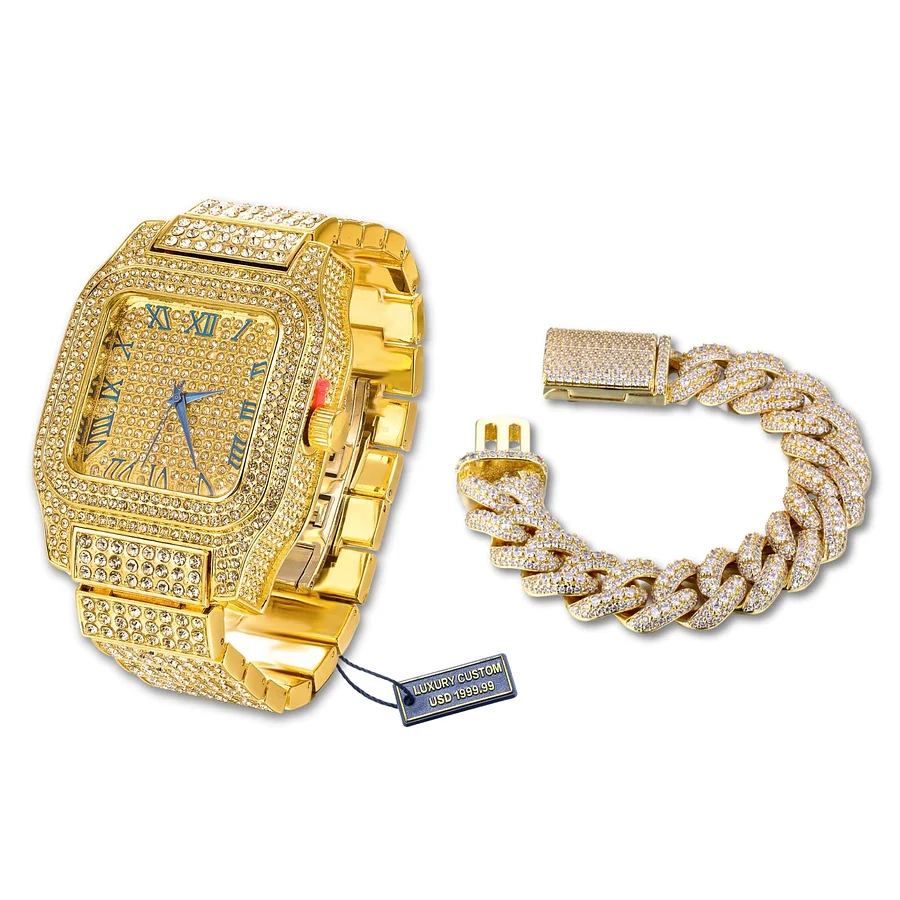 HALUKAKAH Bracciali Uomo Oro,Catena di Chicchi di caffè Iced out con Diamante,18kt Vero Oro Bracciale,Oro,20cm,con Pacco Regalo Gratuito