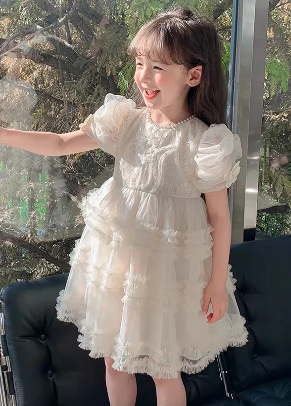 New White Ruffled Pearl Tulle Girls Princess Dresses Summer