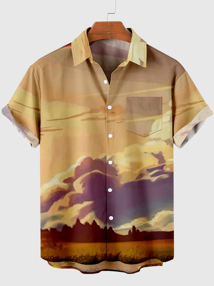 Sunset over the Plain Scenery Printing Men's Short Sleeve Shirt