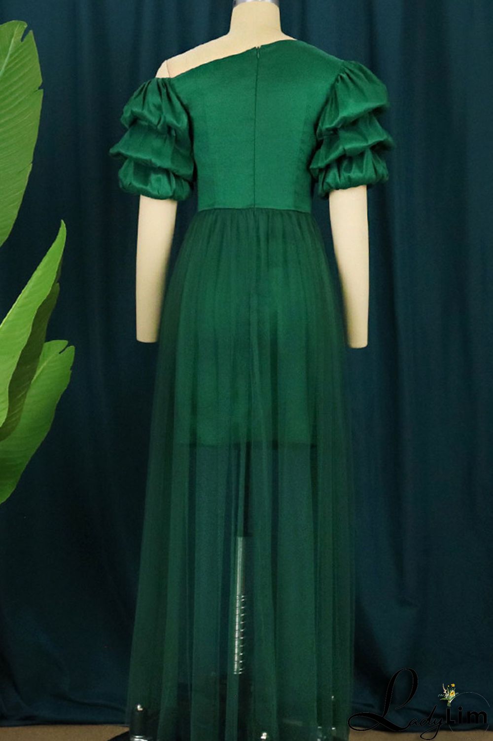 Green Elegant Solid Split Joint Oblique Collar Evening Dress Dresses