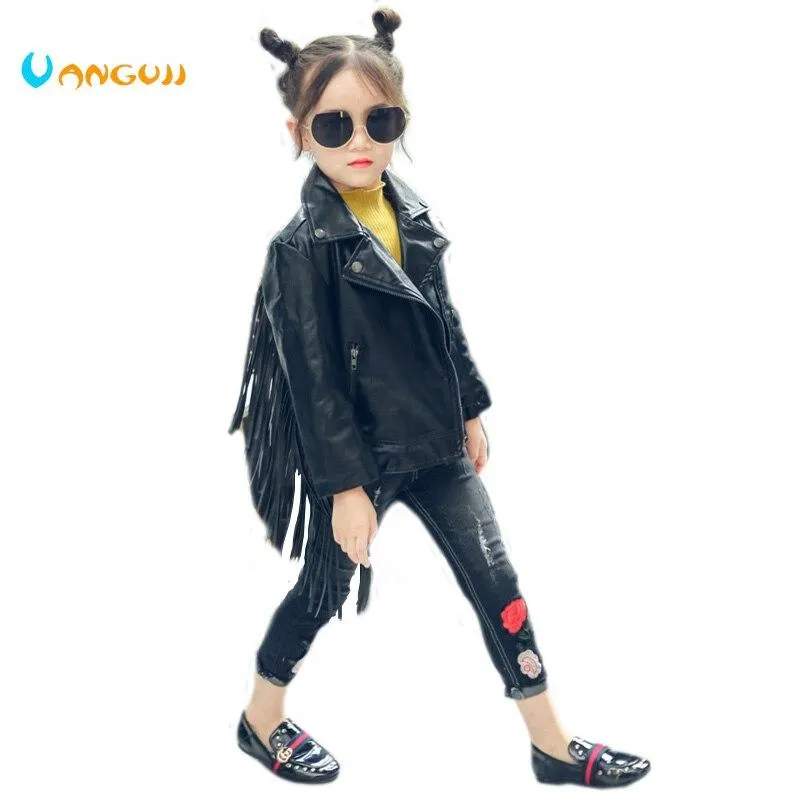 INS hot children PU jacket, 2-7 year old girl fashion coat tassel leather,motorcycle leather jacket kids jacket online celebrity