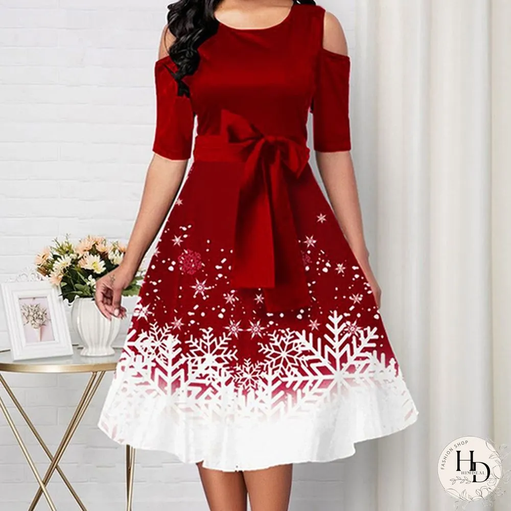 Womens Belted Snowflake Print Cold Shoulder Round-neck Elegant Dress Plus Size Fashion