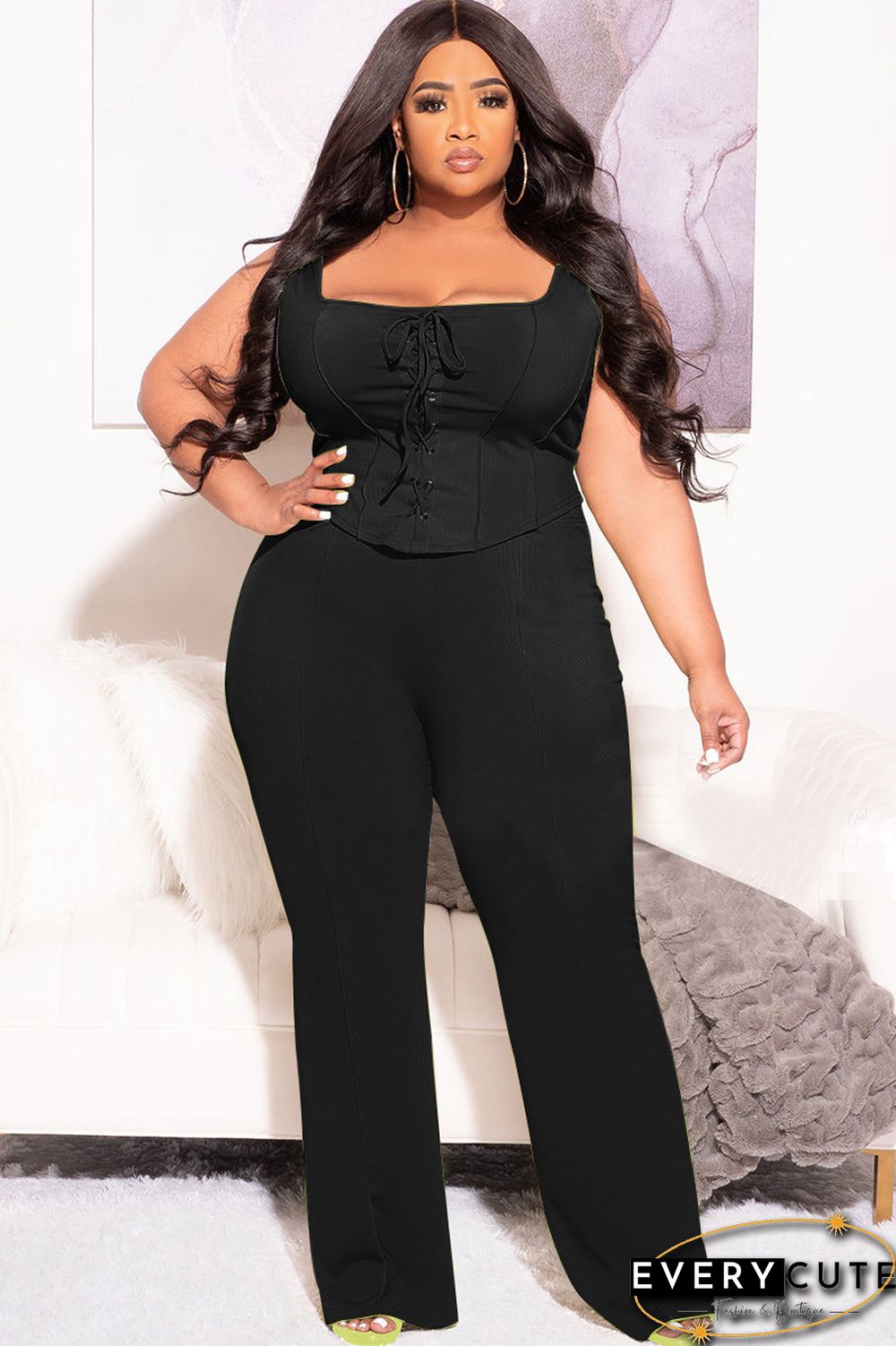Corset Tank Top Full Pants Plus Size Two Piece Set