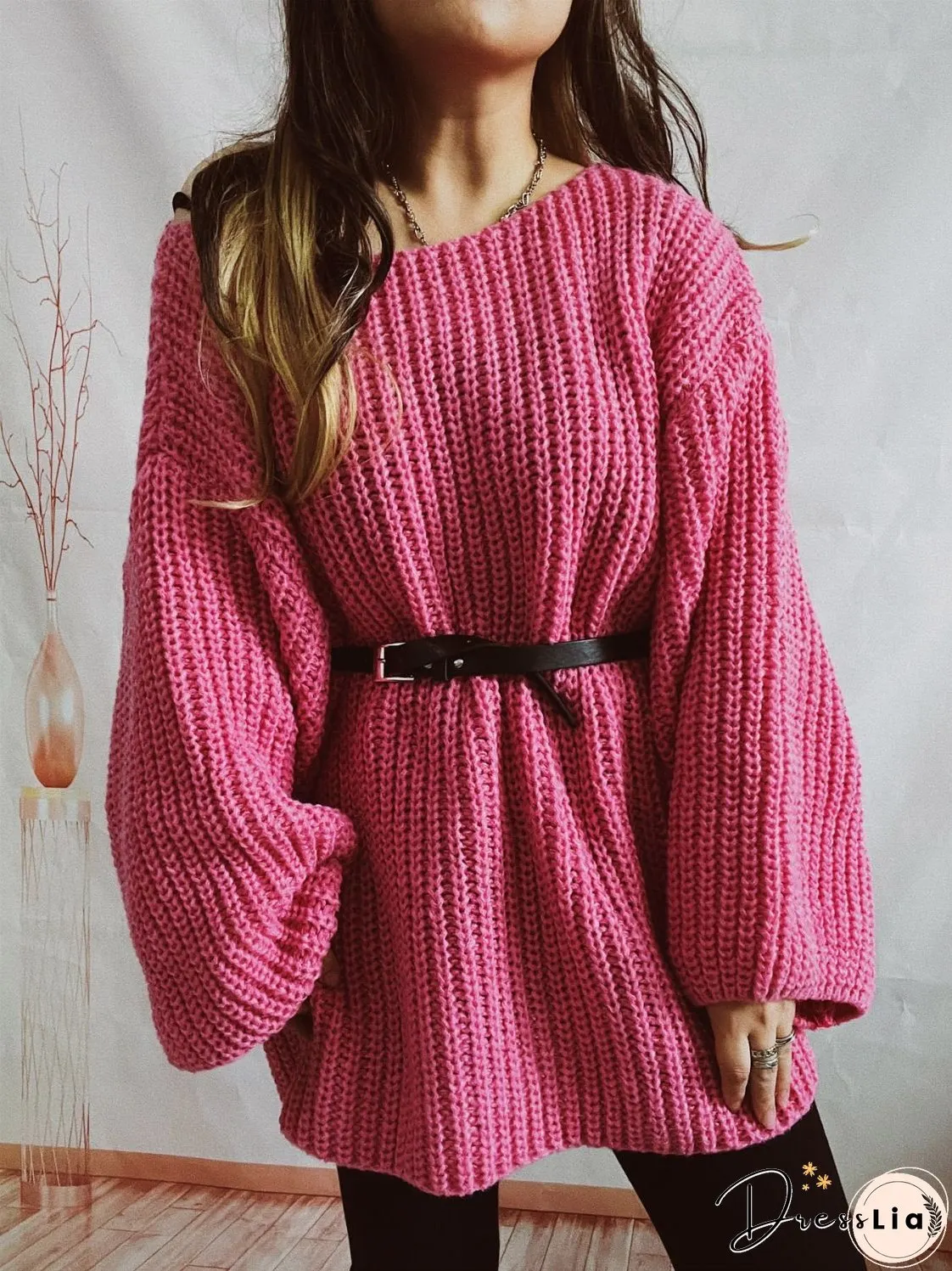 Boat Neck Long Sleeve Sweater with Belt