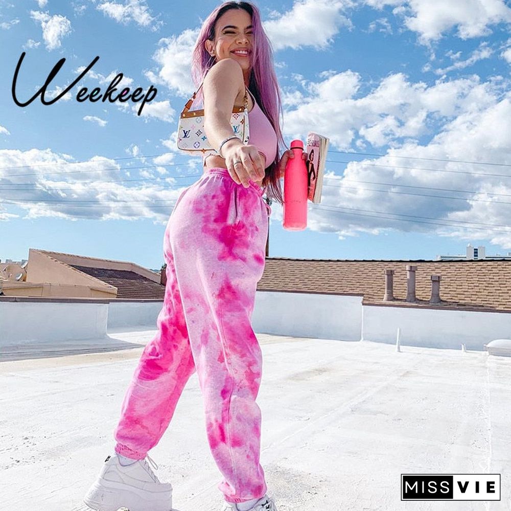 Weekeep Tie Dye Sweatpants Women Elastic High Waist Baggy Pants Hip Hop Casual Loose Pants Ladies Fashion Pink Trousers