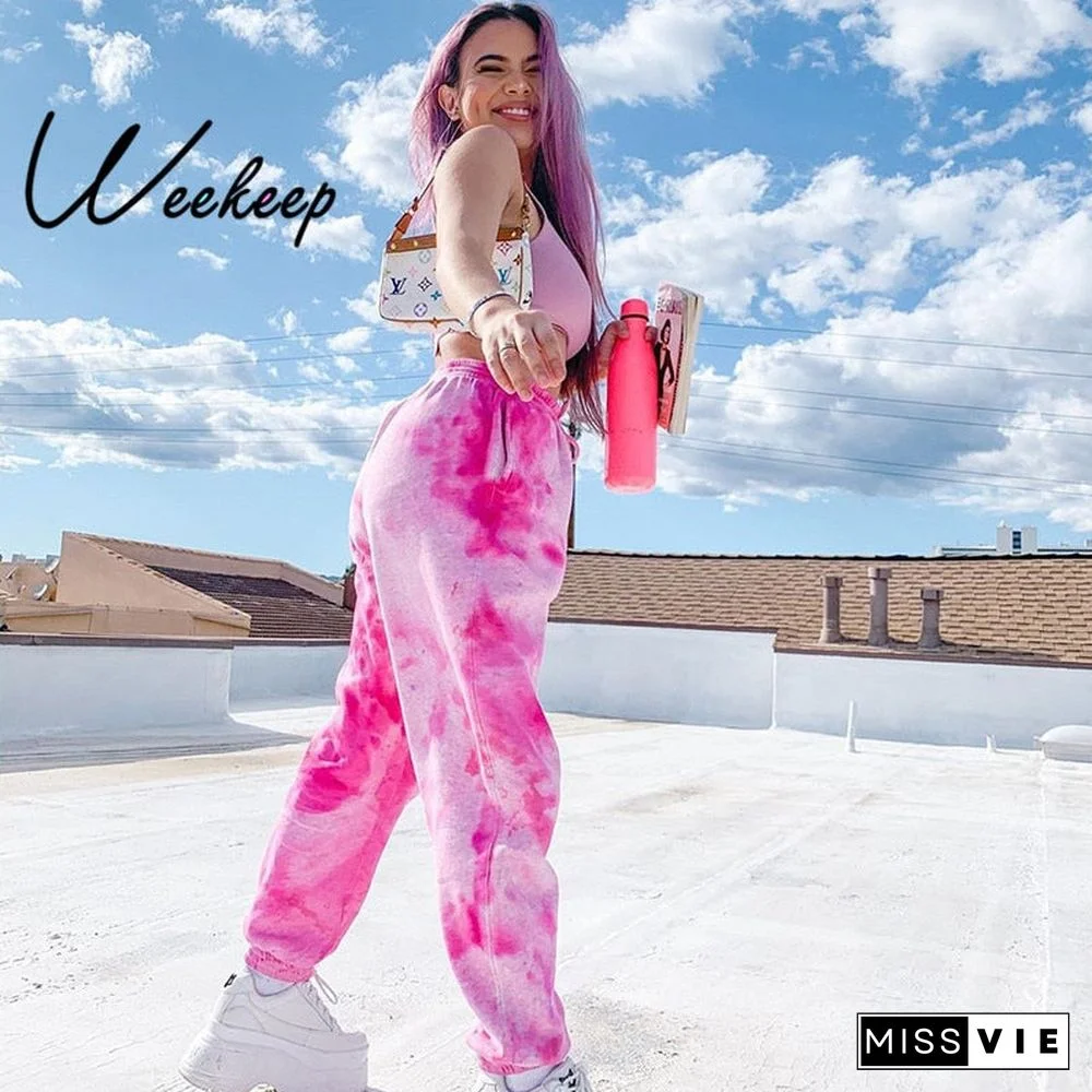 Weekeep Tie Dye Sweatpants Women Elastic High Waist Baggy Pants Hip Hop Casual Loose Pants Ladies Fashion Pink Trousers
