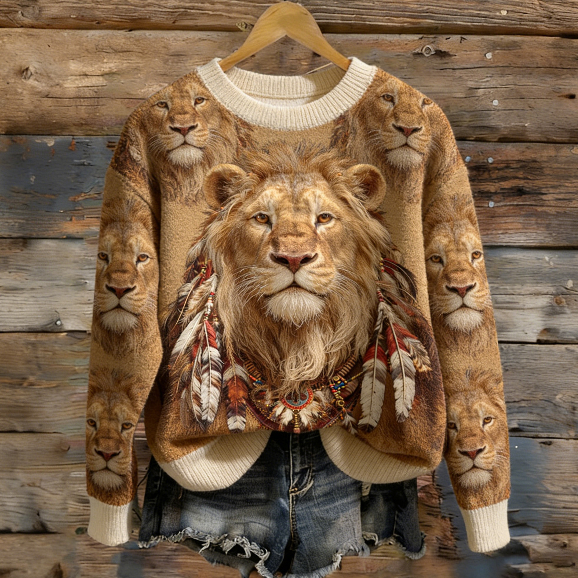  Women's Western-style Lion Pattern Comfortable Crew Neck Sweater Westsshops
