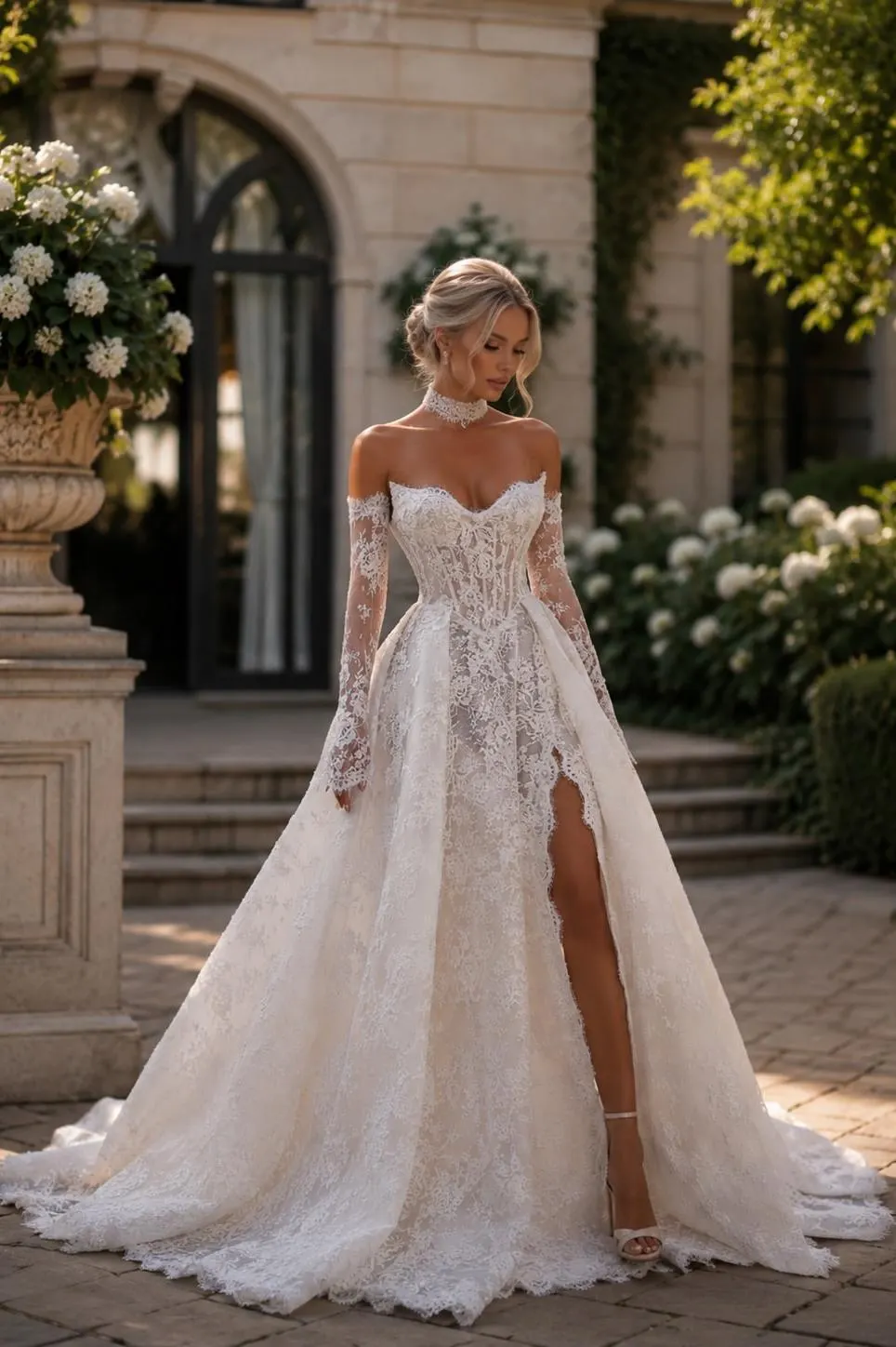 Exquisite V-Neck Strapless High-Waisted Long A-Line Wedding Dress With High Slit And Detachable Long Gloves | PM0049 Wellcucu