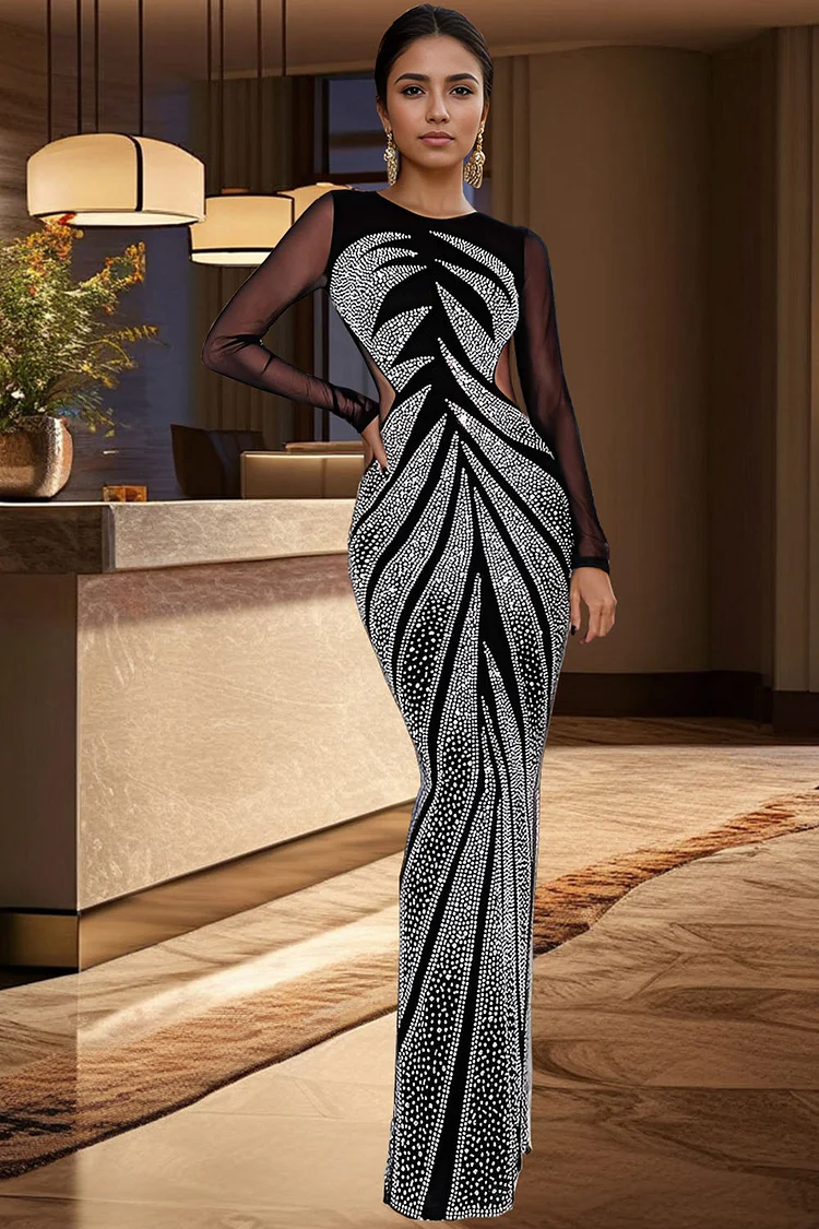 Rhinestone See-Through Mesh Long Sleeve Maxi Dress-Black