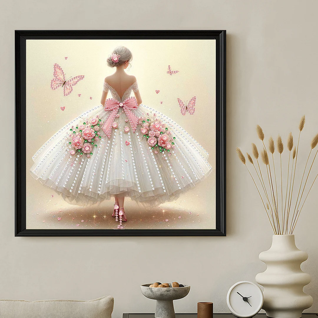 Diamond Painting - Partial Special Shaped Drill - Pink Butterfly Gown(Canvas|30x30cm)