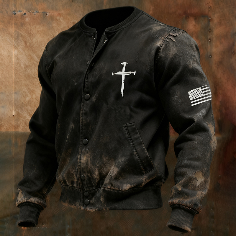 Men's Vintage Faith Print Casual Baseball Jacket elevenforest