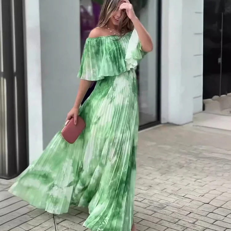 🌿Printed pleated strapless dress for women 