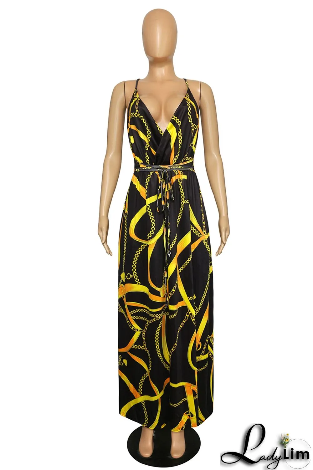 Black Fashion Sexy Plus Size Print Bandage Backless Slit Spaghetti Strap Long Dress