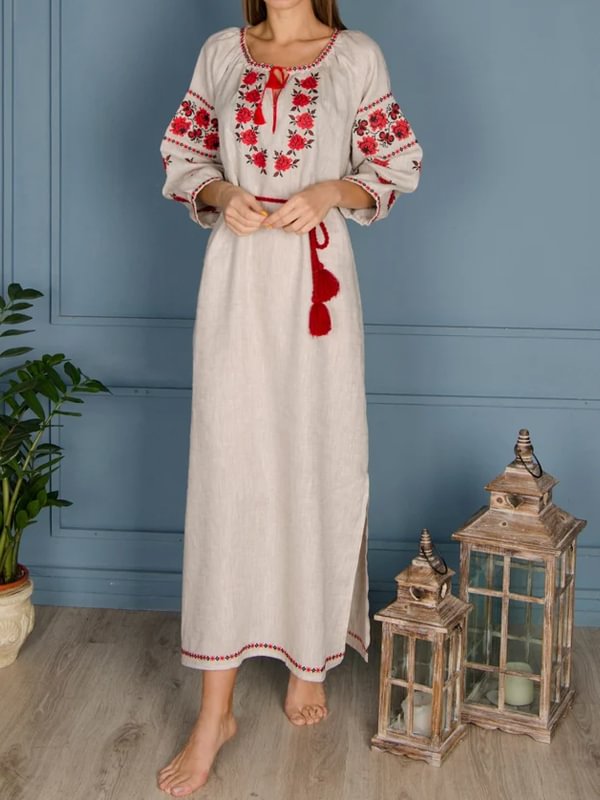 Long-sleeve printed linen dress