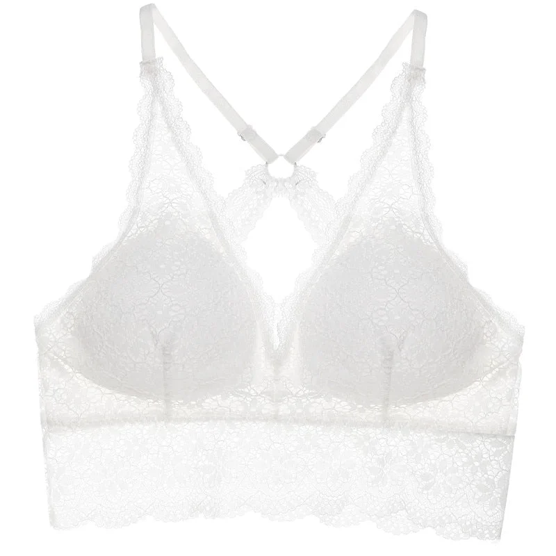 FINETOO Sexy Bralette Padded Bras For Women Transparent Wireless Bra Lace Intimates Lace Bralette Backless Brassiere Crop Tops