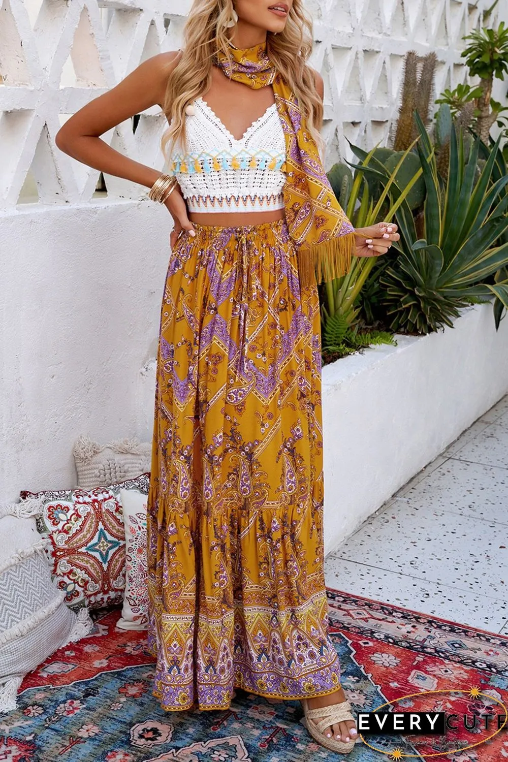 Orange Boho Floral Print Ruffled Elastic High Waist Maxi Skirt