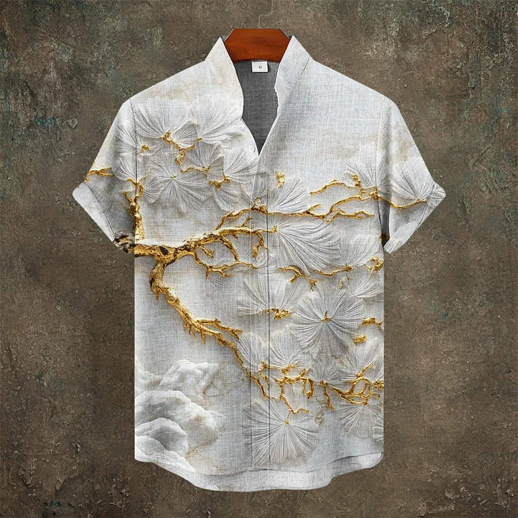 Japanese 3d Pine Needle Tree Art Men's Linen Short Sleeve Shirt