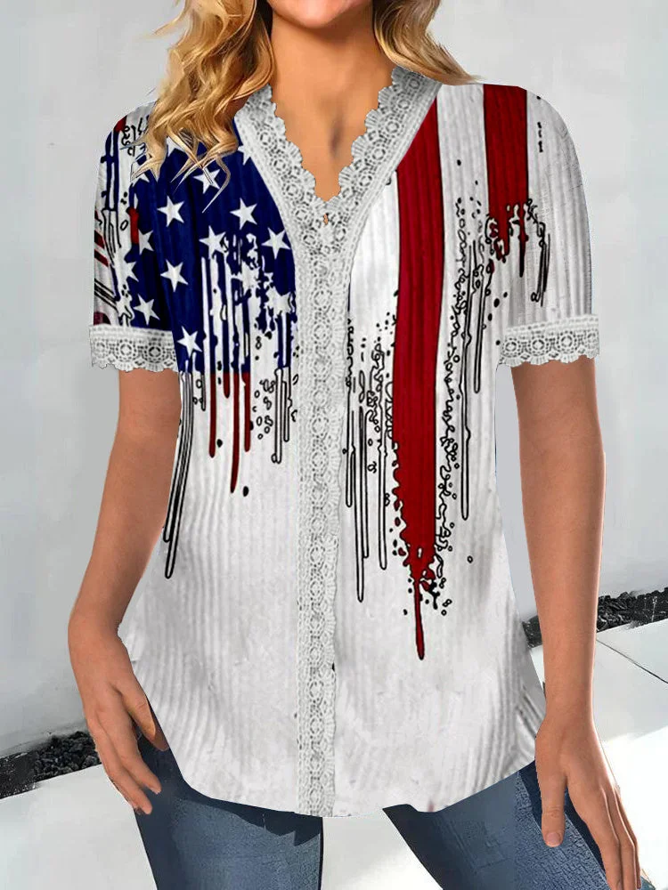Women Short Sleeve V-neck National Flag Printed Printed Graphic Lace Tops